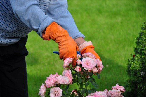 Technician preparing equipment near a driveway before trimming a hedge in Gunnersbury