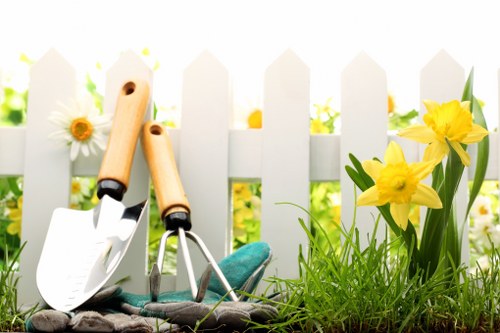 The image displays a section of a well-maintained garden with a white picket fence as the backdrop, fitting the outdoor space typical of Gunnersbury. In the foreground, there is a patch of vibrant green grass with a dense, lush appearance. To the right, bright yellow daffodils with green leaves are blooming near the fence, adding colour and natural variety to the scene. On the ground, gardening tools such as a small trowel and a hand rake with wooden handles are resting against the fence, suggesting recent or ongoing gardening activities. The overall environment appears sunny with natural daylight illuminating the garden, making the textures of the grass, flowers, and tools clearly visible. This scene reflects typical elements of a landscaped private garden in West London, emphasizing the importance of lawn care, planting, and garden maintenance, which a professional gardening service like Hedge Trimming Gunnersbury might provide to enhance outdoor spaces for local residents.